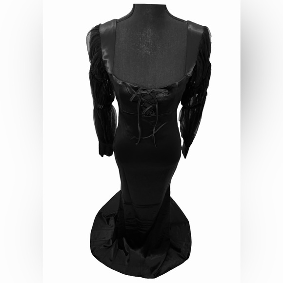 Unholy Midnight Reverence Elegant Satin Long Puff Sleeve Maxi Dress - Picture 6 of 6